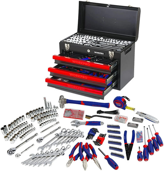 WORKPRO 408-Piece Auto Repair Tool Set,Mechanics Tool Set,General Household Home Repair Tool Kit with 3-Drawer Heavy Duty Metal Box,Hand Tool Kit