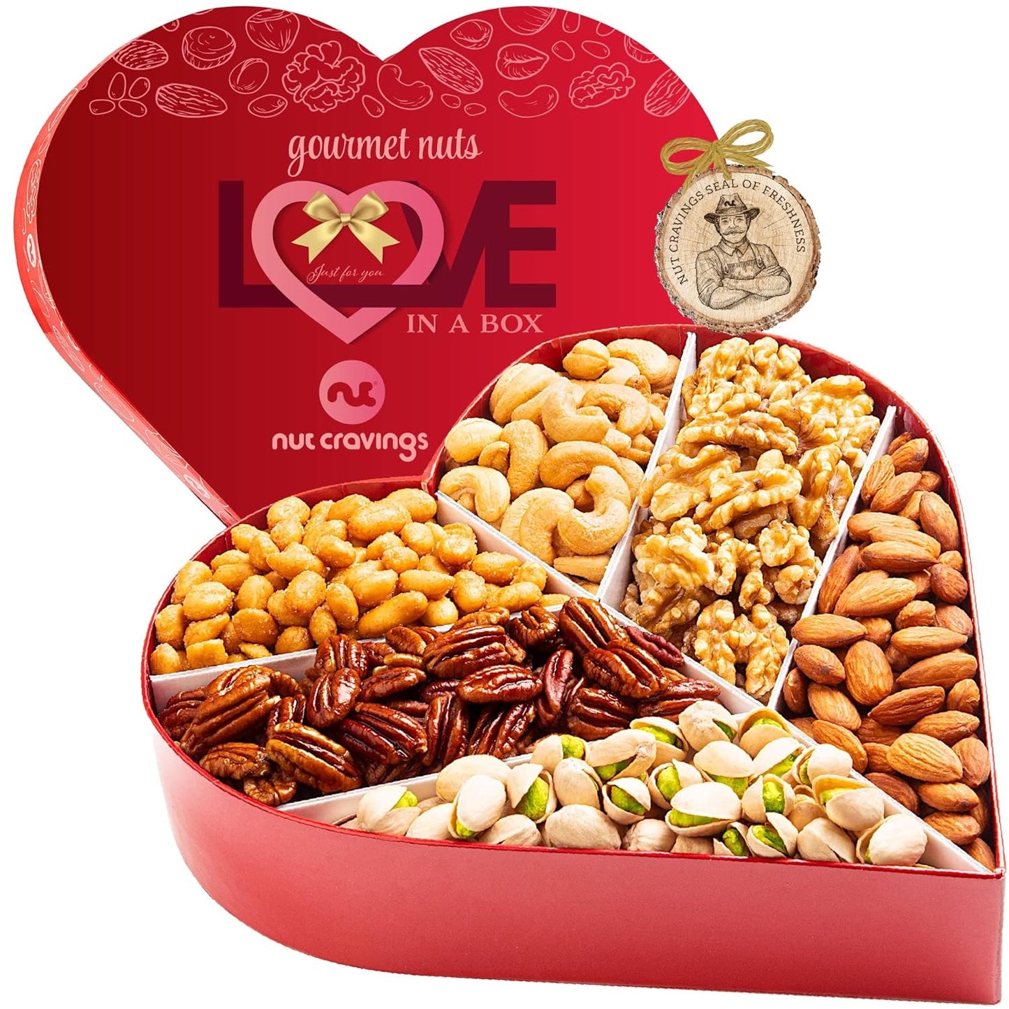NUT CRAVINGS Gourmet Collection - Valentines Day Mixed Nuts Heart Shaped Gift Basket, Love in A Box (6 Assortments, 2 LB) Galentines Romantic Arrangement Platter, Healthy Kosher Corporate