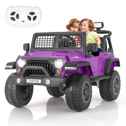 FUNTOK 12V 7AH 2 Seater Electric Ride on Truck, Kids Battery Powered Ride Toy, Motorized Car for Toddlers w/ Remote Control, Bluetooth, Spring Suspension, MP3 Player & LED Lights,Purple