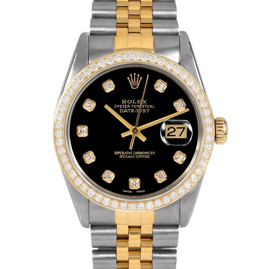Rolex 16013 Men's 36mm Datejust Wristwatch Black Diamond (3 Year Warranty) (Good)